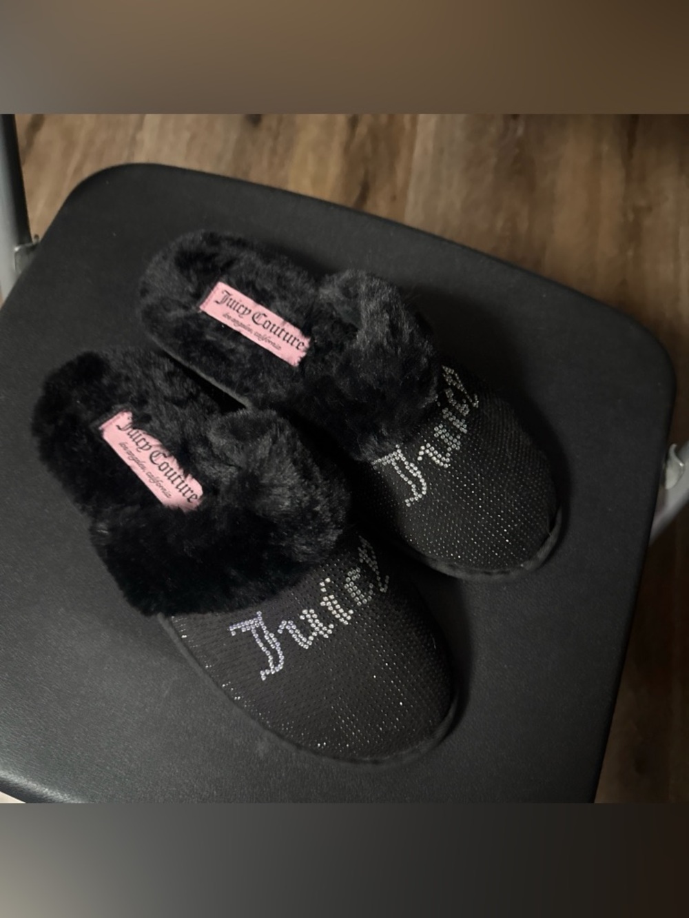 Juicy Couture Black Plush Faux Fur Slide Slippers with Pink Logo Tags